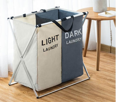 Panier à linge compartimenté pour tri facile des vêtements clairs, foncés et colorés avec design pliable