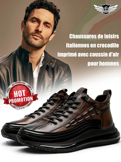 Chaussures de luxe italiennes en crocodile, à semelle épaisse et à coussin d'air, pour hommes.