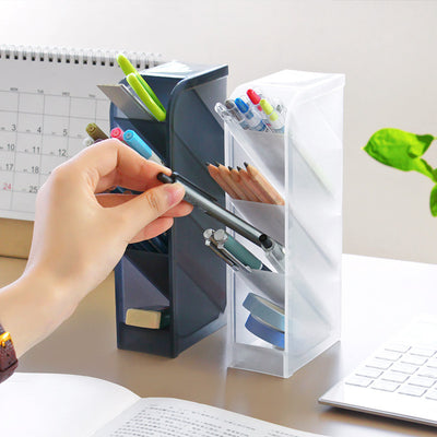 Organisateur de bureau vertical avec compartiments pour stylos et accessoires.